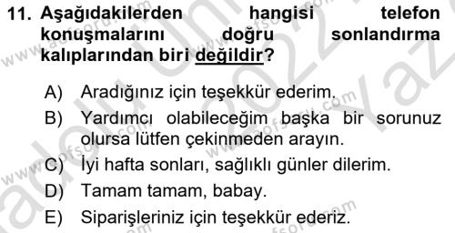 Yönetici Asistanlığı Dersi 2022 - 2023 Yılı Yaz Okulu Sınavı 11. Soru