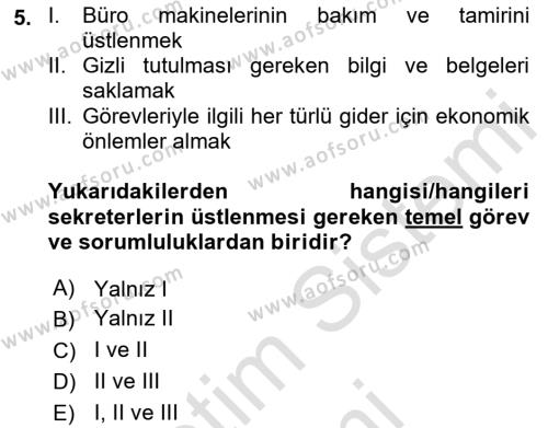 Yönetici Asistanlığı Dersi 2023 - 2024 Yılı (Vize) Ara Sınavı 5. Soru