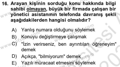 Yönetici Asistanlığı Dersi 2023 - 2024 Yılı Yaz Okulu Sınavı 16. Soru