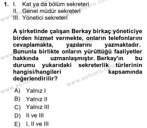 Yönetici Asistanlığı Dersi 2024 - 2025 Yılı (Vize) Ara Sınavı 1. Soru