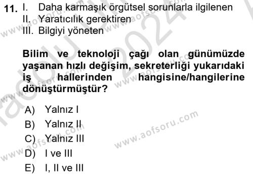 Yönetici Asistanlığı Dersi 2024 - 2025 Yılı (Vize) Ara Sınavı 11. Soru