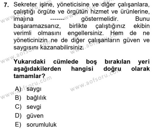 Yönetici Asistanlığı Dersi 2024 - 2025 Yılı (Vize) Ara Sınavı 7. Soru