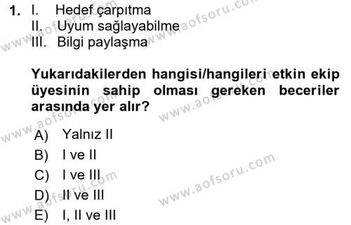 Ekip Yönetimi ve Liderlik Dersi 2021 - 2022 Yılı (Final) Dönem Sonu Sınavı 1. Soru