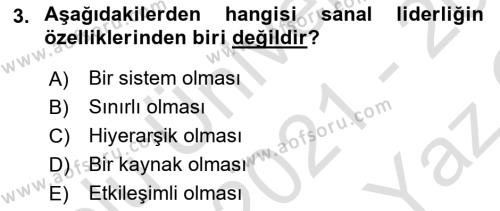 Ekip Yönetimi ve Liderlik Dersi 2021 - 2022 Yılı Yaz Okulu Sınavı 3. Soru