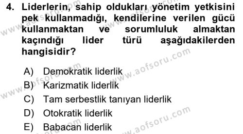 Ekip Yönetimi ve Liderlik Dersi 2021 - 2022 Yılı Yaz Okulu Sınavı 4. Soru