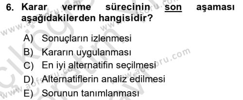 Ekip Yönetimi ve Liderlik Dersi 2022 - 2023 Yılı Yaz Okulu Sınavı 6. Soru