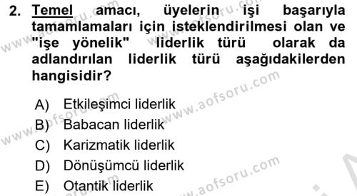 Ekip Yönetimi ve Liderlik Dersi 2023 - 2024 Yılı (Final) Dönem Sonu Sınavı 2. Soru