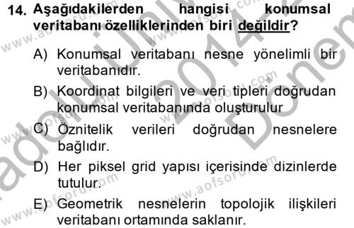 Coğrafi Bilgi Sistemlerine Giriş Dersi 2014 - 2015 Yılı (Final) Dönem Sonu Sınavı 14. Soru