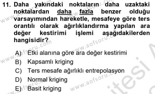 Coğrafi Bilgi Sistemlerine Giriş Dersi 2023 - 2024 Yılı Yaz Okulu Sınavı 11. Soru