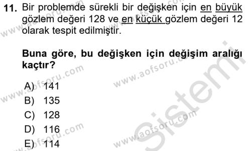 Coğrafi Bilgi Sistemleri İçin Temel İstatistik Dersi 2021 - 2022 Yılı (Vize) Ara Sınavı 11. Soru