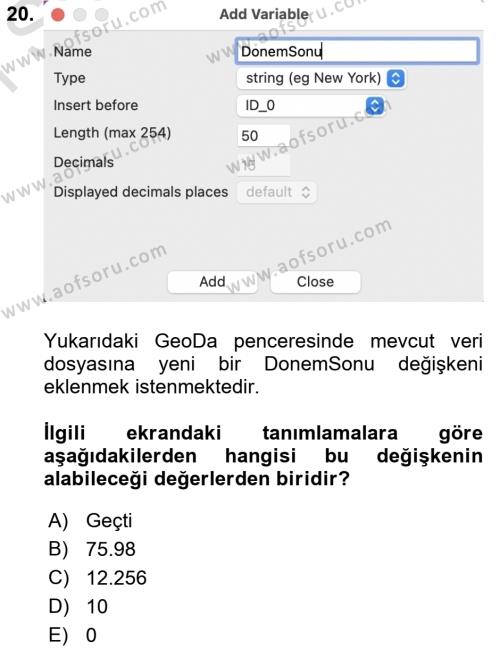 Coğrafi Bilgi Sistemleri İçin Temel İstatistik Dersi 2021 - 2022 Yılı (Final) Dönem Sonu Sınavı 20. Soru