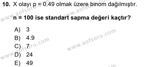 Coğrafi Bilgi Sistemleri İçin Temel İstatistik Dersi 2023 - 2024 Yılı Yaz Okulu Sınavı 10. Soru