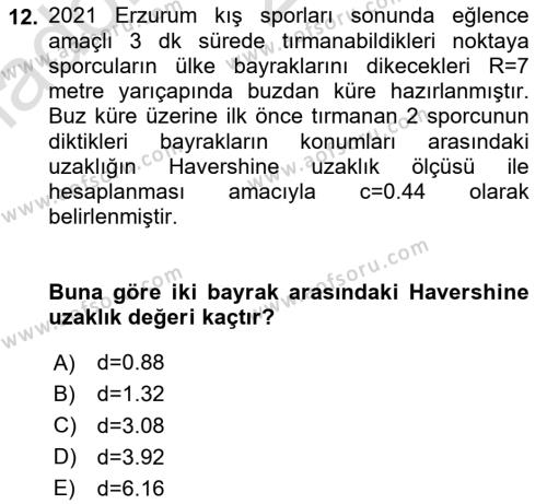 Coğrafi Bilgi Sistemleri İçin Temel İstatistik Dersi 2023 - 2024 Yılı Yaz Okulu Sınavı 12. Soru