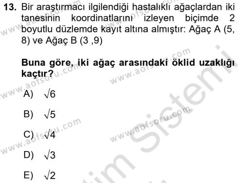 Coğrafi Bilgi Sistemleri İçin Temel İstatistik Dersi 2023 - 2024 Yılı Yaz Okulu Sınavı 13. Soru