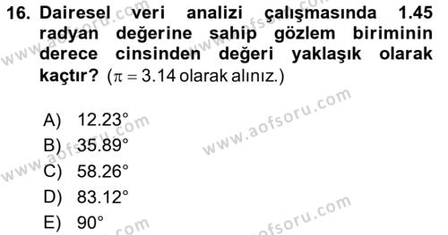 Coğrafi Bilgi Sistemleri İçin Temel İstatistik Dersi 2023 - 2024 Yılı Yaz Okulu Sınavı 16. Soru