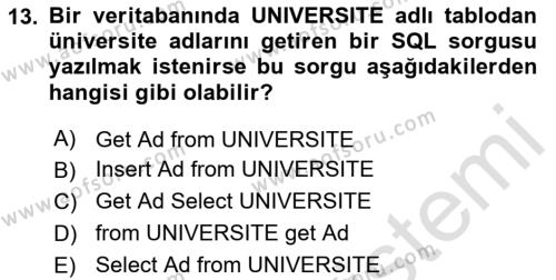 Konumsal Veritabanı 1 Dersi 2023 - 2024 Yılı Yaz Okulu Sınavı 13. Soru