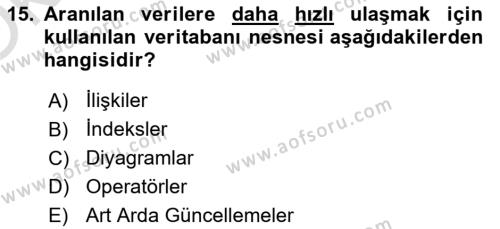 Konumsal Veritabanı 1 Dersi 2023 - 2024 Yılı Yaz Okulu Sınavı 15. Soru