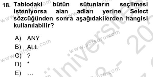 Konumsal Veritabanı 1 Dersi 2023 - 2024 Yılı Yaz Okulu Sınavı 18. Soru