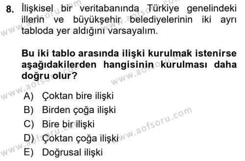 Konumsal Veritabanı 1 Dersi 2023 - 2024 Yılı Yaz Okulu Sınavı 8. Soru