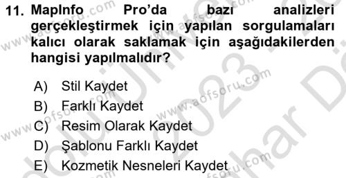 Coğrafi Bilgi Sistemleri Yazılımı Dersi 2023 - 2024 Yılı (Vize) Ara Sınavı 11. Soru