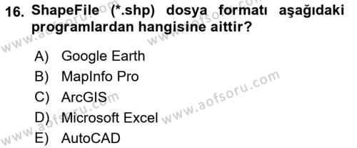 Coğrafi Bilgi Sistemleri Yazılımı Dersi 2023 - 2024 Yılı (Vize) Ara Sınavı 16. Soru