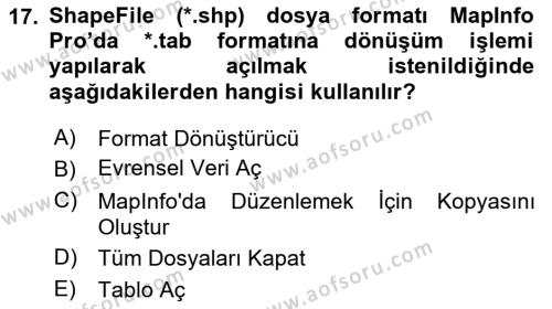 Coğrafi Bilgi Sistemleri Yazılımı Dersi 2023 - 2024 Yılı (Vize) Ara Sınavı 17. Soru