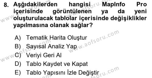 Coğrafi Bilgi Sistemleri Yazılımı Dersi 2023 - 2024 Yılı (Vize) Ara Sınavı 8. Soru