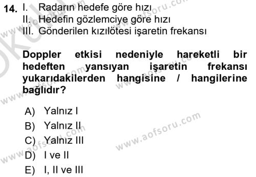 Uzaktan Algılama Dersi 2022 - 2023 Yılı Yaz Okulu Sınavı 14. Soru