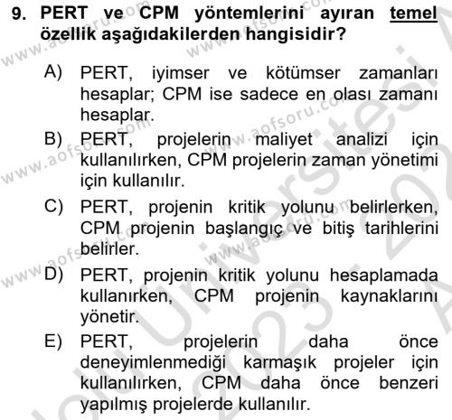 Cbs’de Proje Tasarımı ve Yönetimi Dersi 2023 - 2024 Yılı (Vize) Ara Sınavı 9. Soru