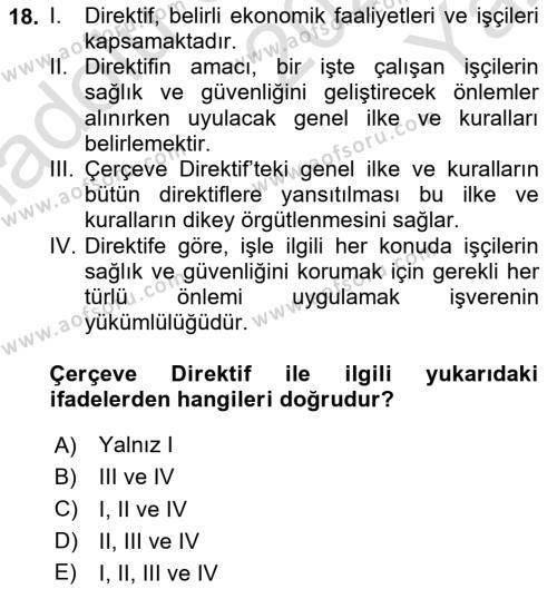 İş Sağlığı ve Güvenliği Dersi 2020 - 2021 Yılı Yaz Okulu Sınavı 18. Soru