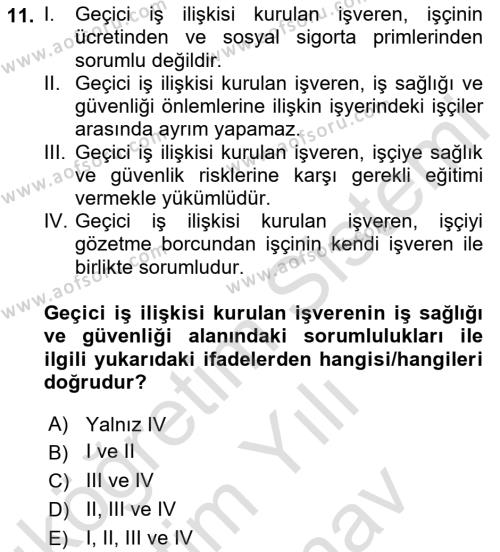 İş Sağlığı ve Güvenliği Dersi 2023 - 2024 Yılı (Vize) Ara Sınavı 11. Soru