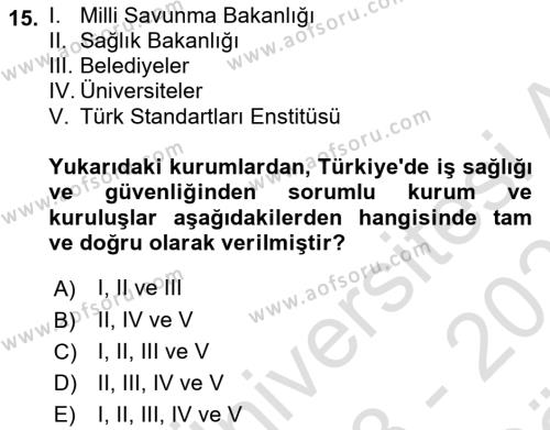 İş Sağlığı ve Güvenliği Dersi 2023 - 2024 Yılı (Vize) Ara Sınavı 15. Soru