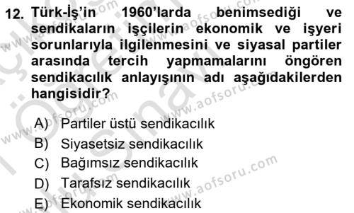 Çalışma İlişkileri Tarihi Dersi 2020 - 2021 Yılı Yaz Okulu Sınavı 12. Soru