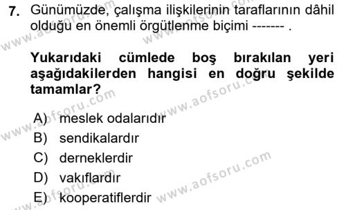 Çalışma İlişkileri Tarihi Dersi 2021 - 2022 Yılı (Vize) Ara Sınavı 7. Soru