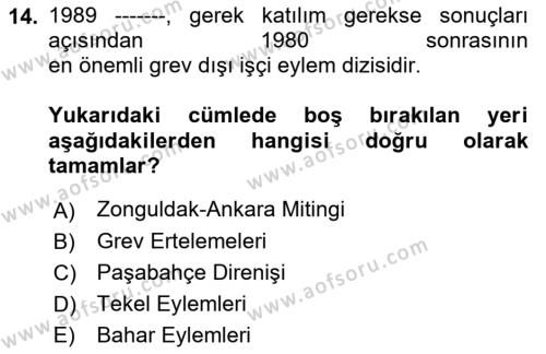 Çalışma İlişkileri Tarihi Dersi 2021 - 2022 Yılı (Final) Dönem Sonu Sınavı 14. Soru