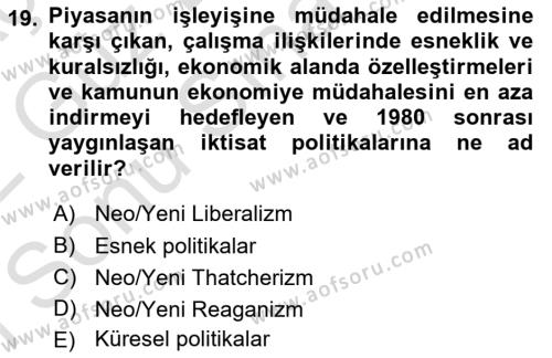 Çalışma İlişkileri Tarihi Dersi 2021 - 2022 Yılı (Final) Dönem Sonu Sınavı 19. Soru