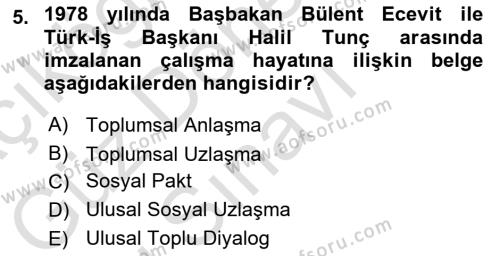 Çalışma İlişkileri Tarihi Dersi 2021 - 2022 Yılı (Final) Dönem Sonu Sınavı 5. Soru