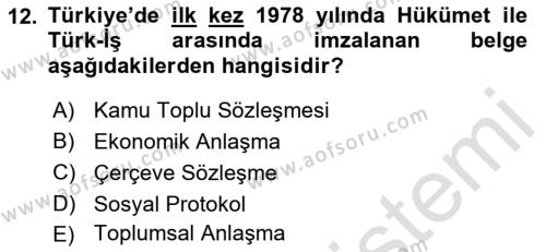 Çalışma İlişkileri Tarihi Dersi 2021 - 2022 Yılı Yaz Okulu Sınavı 12. Soru