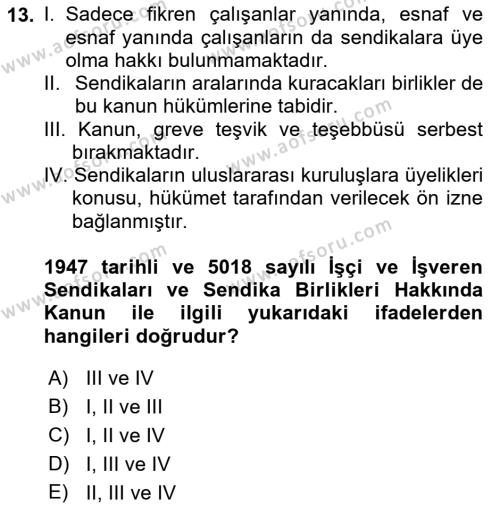 Çalışma İlişkileri Tarihi Dersi 2022 - 2023 Yılı Yaz Okulu Sınavı 13. Soru