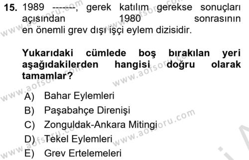 Çalışma İlişkileri Tarihi Dersi 2022 - 2023 Yılı Yaz Okulu Sınavı 15. Soru