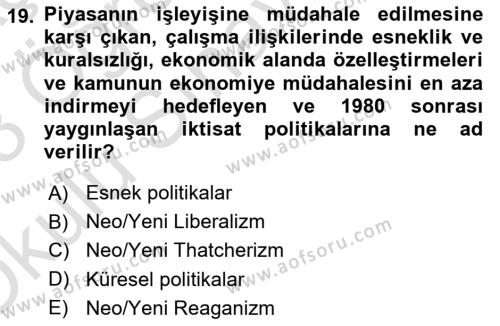 Çalışma İlişkileri Tarihi Dersi 2022 - 2023 Yılı Yaz Okulu Sınavı 19. Soru