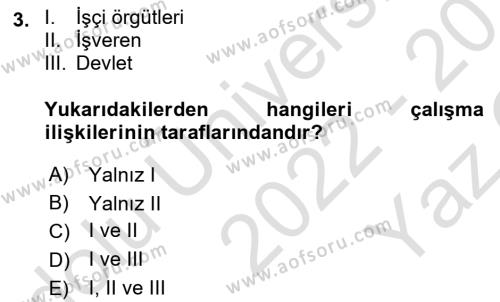 Çalışma İlişkileri Tarihi Dersi 2022 - 2023 Yılı Yaz Okulu Sınavı 3. Soru