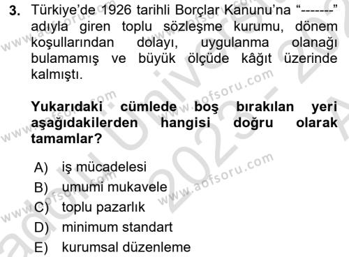 Çalışma İlişkileri Tarihi Dersi 2023 - 2024 Yılı (Vize) Ara Sınavı 3. Soru