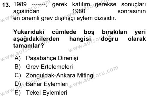 Çalışma İlişkileri Tarihi Dersi 2023 - 2024 Yılı (Final) Dönem Sonu Sınavı 13. Soru