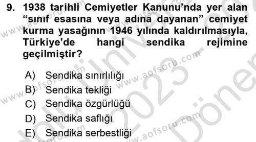 Çalışma İlişkileri Tarihi Dersi 2023 - 2024 Yılı (Final) Dönem Sonu Sınavı 9. Soru