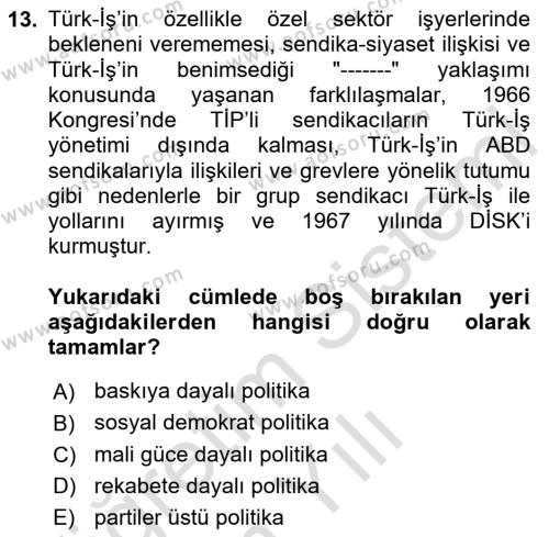 Çalışma İlişkileri Tarihi Dersi 2023 - 2024 Yılı Yaz Okulu Sınavı 13. Soru