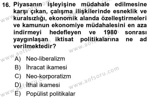 Çalışma İlişkileri Tarihi Dersi 2023 - 2024 Yılı Yaz Okulu Sınavı 16. Soru