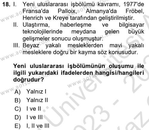 Çalışma İlişkileri Tarihi Dersi 2023 - 2024 Yılı Yaz Okulu Sınavı 18. Soru