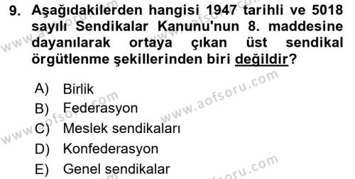 Çalışma İlişkileri Tarihi Dersi 2023 - 2024 Yılı Yaz Okulu Sınavı 9. Soru