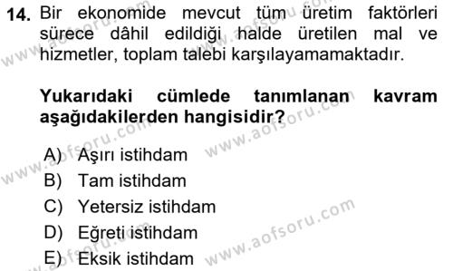 İstihdam ve İşsizlik Dersi 2022 - 2023 Yılı (Vize) Ara Sınavı 14. Soru